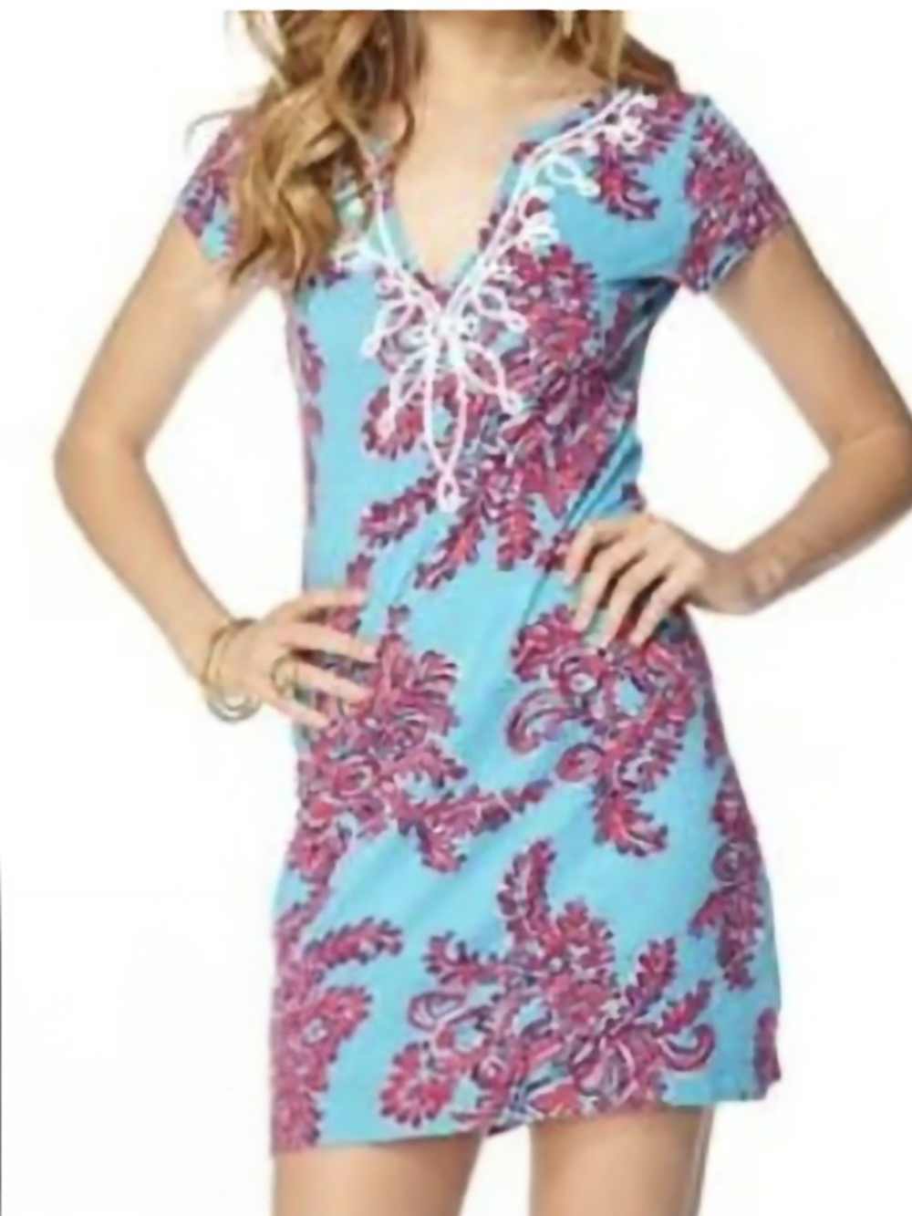 Lilly Pulitzer Aqua Blue Pink Floral Print Small EUC Dress